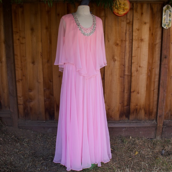 Vintage 1970's Mike Benet Formals Bubblegum Pink Chiffon Maxi Caplet Jewel Dress - Picture 9 of 17
